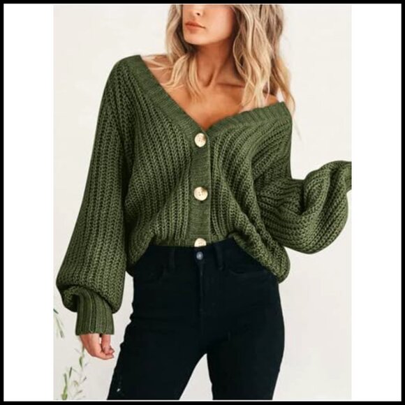 Chunky Knit Open Front Cardigan, Long Sleeve Button Loose Sweater, Women's - Picture 6 of 7